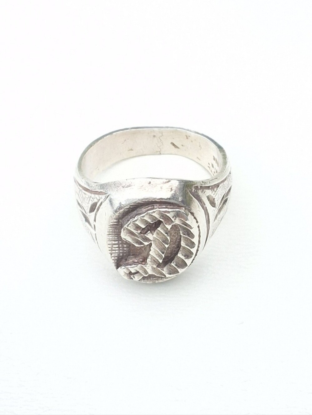 925 Sterling Silver Men's Signet Ring with Rope Motif - White Silver (10 1/2)
